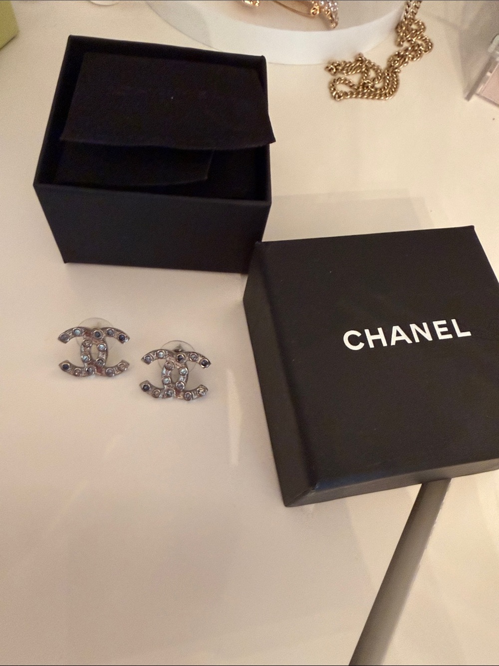 CHANEL Silver-Tone CC Crystal Logo Stud Earrings